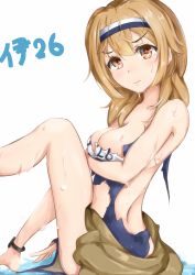 Rule 34 | 10s, 1girl, breast hold, breasts, character name, covering privates, covering breasts, damaged, hairband, highres, i-26 (kancolle), jacket, kantai collection, large breasts, light brown hair, long hair, looking at viewer, name tag, school swimsuit, solo, swimsuit, swimsuit under clothes, takumin (takumi415), tears, torn clothes, torn jacket, torn swimsuit, two-tone hairband, two side up, wet