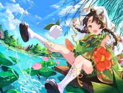 Rule 34 | 1girl, :d, blue sky, braid, cloud, commentary request, day, flower, happy, houchi shoujo, japanese clothes, kimono, kneehighs, looking at viewer, open mouth, orange flower, pink flower, sandals, sitting, sky, sleeves past fingers, sleeves past wrists, smile, socks, solo, twin braids, vonokim, water, white socks, wide sleeves