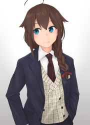 Rule 34 | 1girl, ahoge, alternate costume, bad id, bad pixiv id, blue eyes, blue jacket, braid, brown hair, brown necktie, collared shirt, formal, hair ornament, hair over shoulder, highres, jacket, kantai collection, kumanoko, looking to the side, necktie, shigure (kancolle), shigure kai ni (kancolle), shirt, simple background, solo, suit, upper body, white background, white shirt