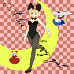 Rule 34 | 1girl, alice margatroid, animal ears, bare shoulders, black pantyhose, blue eyes, bow, bowtie, breasts, checkered background, cleavage, cup, detached collar, female focus, high heels, highres, hourai doll, leotard, medium breasts, pantyhose, playboy bunny, rabbit ears, rabbit tail, shanghai doll, shoes, short hair, smile, solo, tail, touhou, touko (kurukuru pompom), tray, wings, wrist cuffs