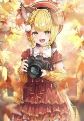 Rule 34 | 1girl, :d, animal ear fluff, animal ears, autumn, beret, blonde hair, blurry, blurry background, blurry foreground, blush, braid, brown eyes, brown nails, camera, commentary request, depth of field, dog ears, dress, erune, fence, frilled dress, frilled sleeves, frills, granblue fantasy, hat, holding, holding camera, hyouta (yoneya), jacket, leaf, long sleeves, looking at viewer, maple leaf, nail polish, off shoulder, open clothes, open jacket, open mouth, red dress, red hat, short sleeves, smile, solo, vajra (granblue fantasy), yellow eyes, yellow jacket