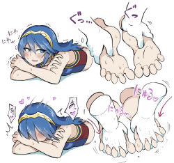 Rule 34 | 1girl, barefoot, between toes, blue eyes, blue hair, blush, feet, fingers between toes, fire emblem, fire emblem awakening, grabbing, hands on feet, lucina (fire emblem), lying, massage, multiple views, nintendo, on stomach, open mouth, short hair, smile, soles, solo focus, tiara, toes, white-stew