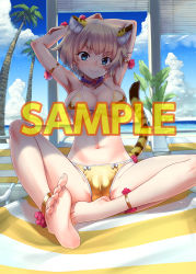 Rule 34 | 1girl, animal ears, anklet, aqua eyes, armlet, armpits, arms up, bangle, bare legs, barefoot, beach, beach chair, bikini, blonde hair, blue sky, blush, bow, bow bikini, bracelet, breasts, cameltoe, chair, character request, choker, cleavage, closed mouth, cloud, cloudy sky, copyright request, covered erect nipples, crotch, day, earrings, feet, flower, flower bracelet, flower necklace, hair flower, hair ornament, horizon, indian style, jewelry, koume keito, large breasts, looking at viewer, lounge chair, mons pubis, navel, necklace, ocean, outdoors, palm tree, plant, red flower, sample watermark, sand, short hair, sitting, sky, smile, soles, solo, stomach, swimsuit, tail, tiger ears, tiger girl, tiger tail, toenails, toes, toranoana, tree, water, watermark, white bow, yellow bikini