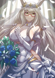 Rule 34 | 1girl, absurdres, alternate costume, animal ears, armpit crease, artist name, bare shoulders, biwa hayahide (umamusume), blush, bouquet, breasts, bride, closed mouth, commentary, commentary request, dress, ears down, falling feathers, feathers, flower, glasses, grey hair, hair between eyes, highres, holding, holding bouquet, horse ears, horse girl, jewelry, large breasts, long hair, looking at viewer, necklace, pov, red-framed eyewear, same kujira (challenger 310), semi-rimless eyewear, sleeveless, sleeveless dress, solo, tiara, umamusume, veil, veil lift, very long hair, wedding dress, white dress, yellow eyes