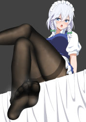 Rule 34 | 1girl, :o, bad anatomy, black pantyhose, blue dress, blue eyes, blush, bow, braid, breasts, chestnut mouth, commentary request, crossed legs, dress, feet, foot focus, foot out of frame, foreshortening, from below, green bow, grey background, hair between eyes, hair bow, hair ribbon, highres, izayoi sakuya, j-kisarazu, large breasts, legs, looking at viewer, maid headdress, no shoes, open mouth, pantyhose, petticoat, puffy short sleeves, puffy sleeves, ribbon, short hair, short sleeves, side braids, silver hair, simple background, sitting, soles, solo, thighband pantyhose, toes, touhou, tress ribbon, twin braids, white headwear