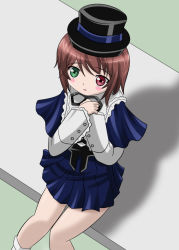 Rule 34 | 00s, 1girl, blush, boku, brown hair, capelet, green eyes, hands on own chest, hat, heterochromia, long sleeves, own hands together, parted lips, red eyes, rozen maiden, short hair, sitting, skirt, solo, souseiseki, takumi (rozen garten), top hat