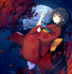 Rule 34 | 1girl, autumn leaves, black hair, blush, brown eyes, commentary, frown, japanese clothes, kimono, leaf, long hair, looking at viewer, lying, maple leaf, moon, moonlight, obi, on side, original, reflection, ripples, sash, solo, tabi, tamanoti, water