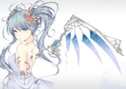 Rule 34 | 1girl, alternate hairstyle, amputee, android, barcode, bare shoulders, dress, flower, hair flower, hair ornament, hatsune miku, highres, long hair, mechanical wings, mokoppe, single wing, solo, twintails, vocaloid, wings