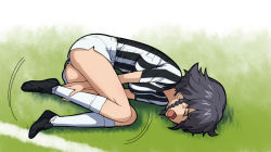 Rule 34 | 10s, 1girl, a1 (initial-g), ass, black hair, blush, breasts, closed eyes, fang, girls und panzer, grass, injury, large breasts, non-web source, open mouth, pepperoni (girls und panzer), short hair, shorts, soccer, soccer field, soccer uniform, solo, sportswear, tongue