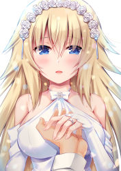 Rule 34 | 1boy, 1girl, bare shoulders, blonde hair, blue eyes, blush, breasts, commentary request, dress, fate/apocrypha, fate (series), fingernails, flower, fujimaru ritsuka (male), glint, hair between eyes, hair flower, hair ornament, halterneck, hand on another&#039;s hand, hand up, highres, jeanne d&#039;arc (fate), jeanne d&#039;arc (ruler) (fate), jewelry, ko yu, large breasts, long hair, long sleeves, looking at viewer, off-shoulder dress, off shoulder, parted lips, pov, ring, sidelocks, sieg (fate), simple background, solo focus, upper body, very long hair, wedding band, wedding dress, white background, white dress, white flower