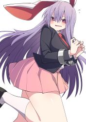 Rule 34 | @ @, absurdres, animal ears, black jacket, blazer, buttons, collared shirt, flying sweatdrops, highres, jacket, long hair, long sleeves, necktie, pleated skirt, purple hair, rabbit ears, rabbit girl, red eyes, red necktie, reisen udongein inaba, shirt, shoes, skirt, socks, touhou, tsukimirin, very long hair, wavy mouth