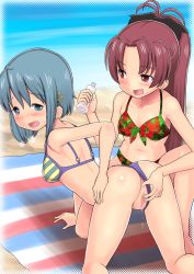 Rule 34 | 10s, 2girls, all fours, anal, anal fingering, anus, ass, bare shoulders, beach, bikini, blue eyes, blue hair, blush, breasts, breath, fingering, hair ribbon, long hair, looking back, mahou shoujo madoka magica, medium breasts, miki sayaka, multiple girls, navel, open mouth, ponytail, pussy, qm, red eyes, red hair, ribbon, sakura kyoko, short hair, small breasts, spread legs, sweat, swimsuit, teeth, thighs, thumb in ass, tongue, very long hair, yuri