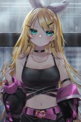 Rule 34 | 1girl, aqua eyes, aqua nails, armlet, belt, black shirt, bow, breasts, building, choker, collarbone, commentary, crop top, expressionless, hair bow, hair ornament, hairclip, heart, heart belt, heart choker, highres, holding, holding hair, jacket, jewelry, kagamine rin, long hair, looking at viewer, medium breasts, midriff, nail polish, navel, necklace, aged up, open clothes, open jacket, rain, shirt, shoulder tattoo, solo, soramame pikuto, tattoo, very long hair, vocaloid, water drop, white bow, window