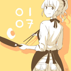 Rule 34 | 1girl, apron, blunt bangs, chopsticks, closed mouth, commentary request, dated, egg yolk, eyebrows, from behind, frying pan, hair ornament, hair scrunchie, holding, looking back, monochrome, original, partially colored, ponytail, scrunchie, silhouette, smile, solo, takasugi yasu, yellow background