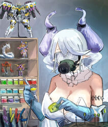 1girl airbrush breasts cannon_soldier cleavage cyber_dragon dark_magician_girl demon_girl demon_horns divine_arsenal_aa-zeus_-_sky_thunder duel_monster grey_hair hatano_kiyoshi highres horns huge_breasts lovely_labrynth_of_the_silver_castle mask painting_(action) pendulum_machine pointy_ears shelf solo twintails yu-gi-oh!