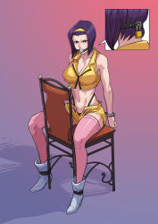 Rule 34 | 1girl, absurdres, bare arms, bare shoulders, belt, blush, boots, bound, breasts, chair, cirenk, cleavage, collarbone, commentary, commission, cowboy bebop, english commentary, faye valentine, forehead, full body, gag, gagged, gradient background, green eyes, headband, high heel boots, high heels, highres, large breasts, lock, midriff, navel, pink thighhighs, purple hair, saliva, shadow, short hair, short shorts, shorts, simple background, sitting, sleeveless, spread legs, sweat, thighhighs, tied to chair, v-shaped eyebrows, white footwear, wiffle gag, wrist cuffs, yellow headband, yellow shorts