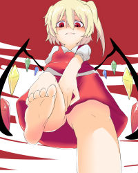 Rule 34 | 1girl, bacho, barefoot, blonde hair, covering privates, covering crotch, crazy eyes, fang, fangs, feet, female focus, flandre scarlet, foot focus, from below, long toenails, looking at viewer, looking down, no headwear, no headwear, no panties, red eyes, side ponytail, slit pupils, smile, soles, solo, toenails, toes, touhou, upskirt, wings