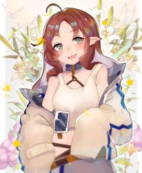 Rule 34 | 1girl, absurdres, ahoge, arknights, belt, blue eyes, breasts, fh moya, floral background, flower, grey skirt, highres, jacket, long hair, long sleeves, looking to the side, midriff, myrtle (arknights), open mouth, pointy ears, red hair, skirt, small breasts, smile, solo, tank top, wavy hair, white jacket, white tank top