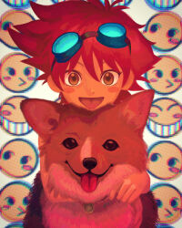 Rule 34 | 1girl, :d, androgynous, animal, animal collar, animal hug, blush stickers, brown dog, brown eyes, collar, commentary, cowboy bebop, dark-skinned female, dark skin, dog, edward wong hau pepelu tivrusky iv, ein (cowboy bebop), emoticon, goggles, goggles on head, hair between eyes, highres, izuru 0123, open mouth, red hair, short hair, smile, smiley face, solo, tomboy, tongue, tongue out, welsh corgi, white background