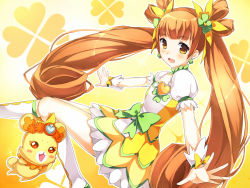 Rule 34 | 1girl, :d, blush, bow, brooch, clover, clover hair ornament, cure rosetta, dokidoki! precure, four-leaf clover, hair ornament, heart, heart brooch, matching hair/eyes, nimame (chickbeans), open mouth, orange eyes, orange hair, outstretched arms, outstretched hand, precure, rance (dokidoki! precure), smile, solo, twintails, waist bow, yotsuba alice