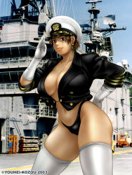 Rule 34 | 00s, 1girl, 2003, absurdres, aircraft carrier, artist name, bikini, bikini bottom only, breasts, earrings, gloves, highres, huge breasts, jewelry, large breasts, looking at viewer, military vehicle, navy, no bra, open clothes, open shirt, outdoors, phaia, revealing clothes, salute, ship, shirt, short hair, solo, spunky knight, swimsuit, thighhighs, warship, youhei kozou