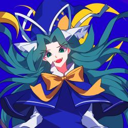 Rule 34 | 1girl, blue background, blue capelet, breasts, capelet, collared shirt, eyes visible through hair, green eyes, green hair, hat, head tilt, highres, large breasts, long hair, long sleeves, mima (touhou), mindoll, open mouth, shirt, smile, solo, sun print, touhou, touhou (pc-98), upper body, white shirt, witch hat, yellow neckwear