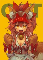 Rule 34 | 1girl, animal ear fluff, animal ears, animal hands, apron, artist name, bell, bow, breasts, cat paws, choker, cleavage, clenched hands, commentary request, eyebrows hidden by hair, fang, fangs, fate/grand order, fate (series), fox ears, fox girl, fox tail, hair between eyes, hair bow, hat, highres, jingle bell, kusama takato, large breasts, light blush, long hair, looking at viewer, name tag, neck bell, open mouth, pink hair, ponytail, red bow, red hat, red shirt, shirt, sidelocks, skin fang, solo, striped clothes, striped shirt, tail, tamamo (fate), tamamo cat (fate), tongue, vertical-striped clothes, vertical-striped shirt, visor cap, white shirt, yellow background, yellow eyes