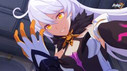 Rule 34 | 1girl, ahoge, breasts, copyright name, crosshair pupils, evil smile, gloves, highres, honkai (series), honkai impact 3rd, kiana kaslana, kiana kaslana (herrscher of the void), logo, long hair, medium breasts, official art, second-party source, smile, symbol-shaped pupils, white hair, yellow eyes