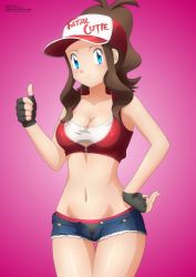 Rule 34 | 1girl, absurdres, blue eyes, breasts, brown hair, cleavage, cosplay, creatures (company), crossover, fatal fury, fingerless gloves, game freak, gloves, hat, highres, hilda (pokemon), long hair, looking at viewer, medium breasts, midriff, navel, nintendo, open fly, pokemon, pokemon bw, ponytail, short shorts, shorts, smile, snk, snk heroines: tag team frenzy, solo, standing, terry bogard, terry bogard (cosplay), thumbs up, zel-sama