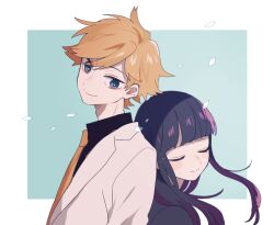 Rule 34 | 1boy, 1girl, back-to-back, blonde hair, blue eyes, blunt bangs, blush stickers, closed eyes, height difference, jacket, long hair, looking at another, looking to the side, maco22, necktie, original, petals, purple hair, short hair, smile, upper body