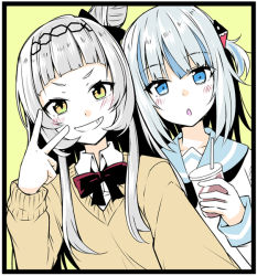 Rule 34 | 2girls, alternate costume, black border, blue hair, blunt bangs, blush, border, bow, bowtie, collarbone, collared shirt, commentary request, cup, drinking straw, gawr gura, grey hair, grin, hair bun, holding, holding cup, hololive, hololive english, ichimi, long hair, long sleeves, looking at viewer, medium hair, multicolored hair, multiple girls, murasaki shion, open mouth, outstretched arm, red bow, red bowtie, sailor collar, selfie, shirt, single hair bun, smile, two-tone hair, upper body, v, virtual youtuber, yellow background, yellow eyes