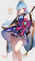 Rule 34 | 1girl, absurdres, arm guards, armor, armored dress, ayaka (genshin impact), blue dress, blue eyes, blue hair, blue shirt, blunt bangs, blush, breastplate, breasts, bridal gauntlets, character name, detached sleeves, dress, folding fan, genshin impact, hair ornament, hand fan, highres, japanese armor, jewelry, large breasts, light blue hair, long hair, looking at viewer, neck ring, open clothes, open mouth, open shirt, ponytail, rope, shirt, short sleeves, shotgunman, sidelocks, smile, solo, tassel