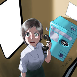 Rule 34 | 1girl, blush, brown hair, chutohampa, collared shirt, grey eyes, holding, holding phone, looking at viewer, open mouth, original, payphone, phone, phone booth, shadow, shirt, short hair, short sleeves, signature, solo, upper body, white shirt