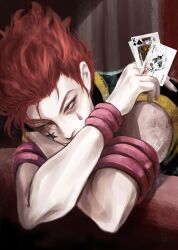 Rule 34 | 1boy, card, commentary request, facepaint, highres, hisoka morow, holding, holding card, hunter x hunter, joker (playing card), king (playing card), korean commentary, leaning on object, male focus, nwocp, playing card, red hair, short hair, sitting, solo, table, upper body, yellow eyes