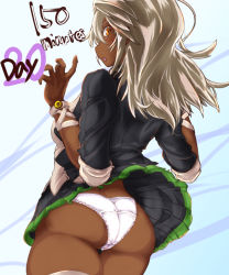 Rule 34 | 1girl, arc system works, ass, blonde hair, blush, breasts, clothes lift, dark-skinned female, dark skin, female focus, from behind, govsoyn, guilty gear, guilty gear xrd, huge ass, large breasts, long hair, looking back, looking down, open mouth, orange eyes, panties, ramlethal valentine, school uniform, shiny skin, sideboob, skirt, skirt lift, solo, thigh strap, underwear, wind, wind lift