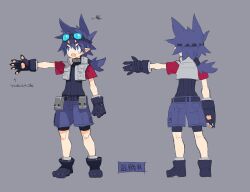 Rule 34 | 1boy, animal hands, bandit (disgaea), belt, blue hair, disgaea, full body, gloves, goggles, goggles on head, grey background, harada takehito, makai senki disgaea 7, male focus, official art, open mouth, paw gloves, paw shoes, pointy ears, ponytail, short sleeves, shorts, smile