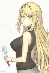 Rule 34 | black sweater, blonde hair, breasts, cooking, earrings, from side, gofelem, highres, holding, holding spatula, jewelry, large breasts, long hair, looking at viewer, mythra (xenoblade), simple background, sleeveless, sleeveless sweater, sleeveless turtleneck, solo, spatula, sweater, swept bangs, turtleneck, upper body, very long hair, white background, xenoblade chronicles (series), xenoblade chronicles 2, yellow eyes