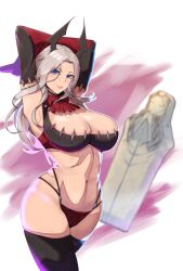 Rule 34 | 1girl, armpits, arms behind head, arms up, ascot, bare shoulders, black panties, black thighhighs, blue eyes, bra, breasts, carmilla (fate), cleavage, detached collar, detached sleeves, fate/grand order, fate (series), hair ornament, highleg, highleg panties, highres, iron maiden, large breasts, long hair, looking at viewer, navel, panties, parted bangs, red bra, solo, thighhighs, thighs, underwear, white hair, zumizu