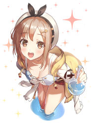 Rule 34 | 1girl, :d, atelier (series), atelier ryza, atelier ryza 1, bent over, breasts, brown eyes, brown hair, cleavage, collarbone, commentary request, flask, from above, green322, hair ornament, hairclip, hat, highres, looking at viewer, medium breasts, open mouth, red shorts, reisalin stout, short hair, short shorts, shorts, simple background, smile, solo, sparkle background, standing, wading, water, white background, white hat