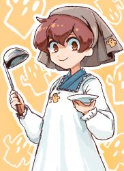 Rule 34 | 1other, androgynous, apron, blue kimono, brown eyes, closed mouth, commentary request, hair between eyes, haniwa (statue), hemo (hemoroda), holding, holding ladle, japanese clothes, kappougi, katano sukune, kimono, ladle, len&#039;en, long sleeves, red hair, short hair, simple background, smile, solo, white apron