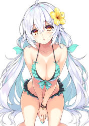 Rule 34 | 1girl, ahoge, aqua nails, bare arms, bare shoulders, between legs, bikini, blush, breasts, brown eyes, cleavage, collarbone, cu-no, fingernails, flower, frilled bikini, frills, front-tie bikini top, front-tie top, green bikini, hair between eyes, hair flower, hair ornament, hand between legs, head tilt, hisen kaede, large breasts, leaning forward, long hair, looking at viewer, nail polish, navel, open mouth, orange eyes, parted lips, rapua qive, sidelocks, silver hair, simple background, sitting, solo, swimsuit, very long hair, white background, wristband, yellow flower