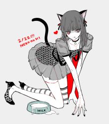 Rule 34 | 1boy, :q, all fours, animal ears, awara kayu, bell, black choker, black nails, blunt bangs, bowl, cat ears, cat girl, cat tail, choker, commentary request, crossdressing, dated, dress, grey background, hair ornament, heart, high heels, long hair, looking at viewer, milk, nail polish, neck bell, pet bowl, polka dot, polka dot dress, puffy short sleeves, puffy sleeves, red background, see-through, shoes, short sleeves, simple background, single thighhigh, smile, solo, stitches, striped clothes, striped thighhighs, suzuya juuzou, tail, thighhighs, tokyo ghoul, tokyo ghoul:re, tongue, tongue out