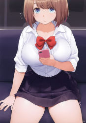 Rule 34 | 1girl, absurdres, black shirt, blue eyes, blush, bow, bowtie, breasts, brown hair, cellphone, closed mouth, collarbone, fingernails, highres, holding, holding phone, kaisen chuui, large breasts, long sleeves, looking at viewer, nail polish, non-web source, original, page number, panties, phone, pink nails, pleated skirt, red bow, red bowtie, school uniform, shirt, short hair, short sleeves, side-tie panties, side-tie peek, sitting, skirt, smartphone, solo, train interior, underwear, white shirt