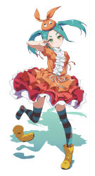 Rule 34 | 1girl, absurdres, ankle boots, aqua hair, asanaya, bakemonogatari, boots, closed mouth, commentary, dress, expressionless, facing viewer, frilled dress, frills, full body, green eyes, highres, monogatari (series), official style, ononoki yotsugi, orange dress, puffy short sleeves, puffy sleeves, rubber boots, shadow, short sleeves, simple background, single boot, solo, striped clothes, striped legwear, striped thighhighs, thick eyebrows, thighhighs, unworn boot, unworn boots, v, v over eye, white background, yellow footwear