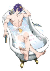 Rule 34 | 1boy, abs, barefoot, bath, bathtub, blue hair, book, collarbone, dr. ratio (honkai: star rail), feet, hair between eyes, hair ornament, holding, holding book, honkai: star rail, honkai (series), male focus, muscular, muscular male, nipples, nude, onegingek, partially submerged, pectorals, red eyes, rubber duck, short hair, simple background, solo, toned, toned male, white background