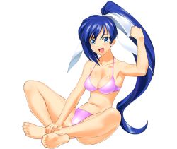 Rule 34 | 1girl, a1 (initial-g), barefoot, bikini, blue eyes, blue hair, breasts, cleavage, clenched hand, feet, hair ribbon, hands on feet, indian style, long hair, matching hair/eyes, open mouth, ponytail, purple bikini, quiz magic academy, ribbon, sitting, soles, solo, swimsuit, yuri (quiz magic academy)