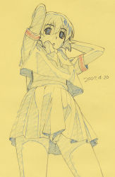 Rule 34 | 1girl, dated, graphite (medium), monochrome, school uniform, serafuku, shiwasu takashi, sketch, solo, traditional media, yellow theme