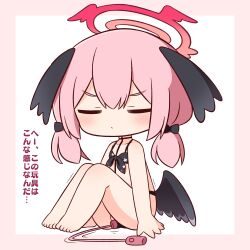 Rule 34 | 1girl, bare arms, bare legs, bare shoulders, barefoot, bikini, black bikini, black bow, black wings, blue archive, blush, bow, chibi, closed eyes, closed mouth, commentary request, facing viewer, feathered wings, floral print, full body, hair between eyes, hair bow, halo, hana kazari, head wings, highres, knees up, koharu (blue archive), koharu (swimsuit) (blue archive), long hair, low twintails, low wings, motion lines, object insertion, pink background, pink hair, print bikini, remote control vibrator, sex toy, sitting, solo, swimsuit, translation request, twintails, two-tone background, v-shaped eyebrows, vaginal, vaginal object insertion, vibrator, white background, wings