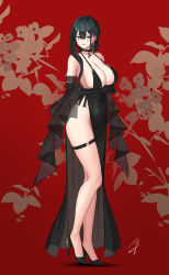 Rule 34 | 1girl, asymmetrical hair, black choker, black dress, black footwear, black gloves, breasts, choker, classy-black-haired girl (hayabusa), dress, earrings, elbow gloves, evening gown, full body, gloves, hair bun, hair ornament, hairclip, hayabusa, high heels, highres, jewelry, large breasts, legs, long hair, looking at viewer, mole, mole under eye, mole under mouth, original, parted lips, purple eyes, red background, shawl, side slit, sideboob, single earring, smile, solo, thigh strap, thighs