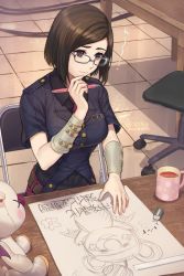 Rule 34 | 1girl, arm warmers, breasts, brown eyes, brown hair, buttons, cable, chair, coffee, desk, drawing, drawing board, eraser, final fantasy, final fantasy vii, final fantasy vii remake, folding chair, glasses, hand to own chin, large breasts, moogle, nayo (ff7), necktie, ohse, pencil, short hair, side part, sitting, sketching, solo, square enix, straight hair, swivel chair, thinking